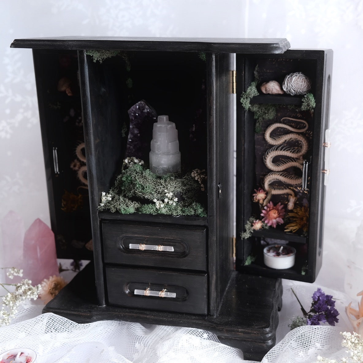 Curio Cabinet with Snake Skeletons & Light Up Crystal Display
