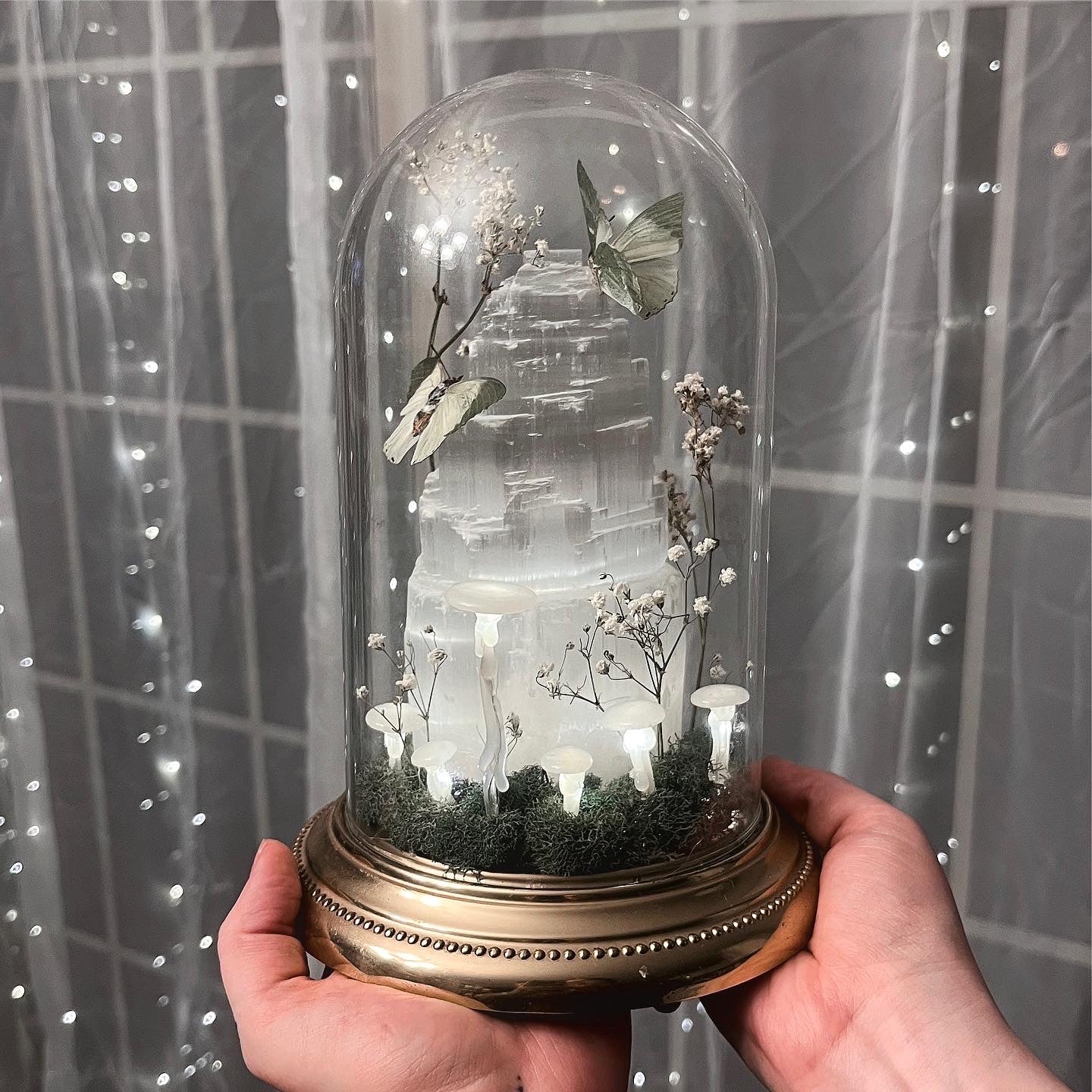 Selenite Night Light with Butterflies & Glow in the Dark Mushrooms