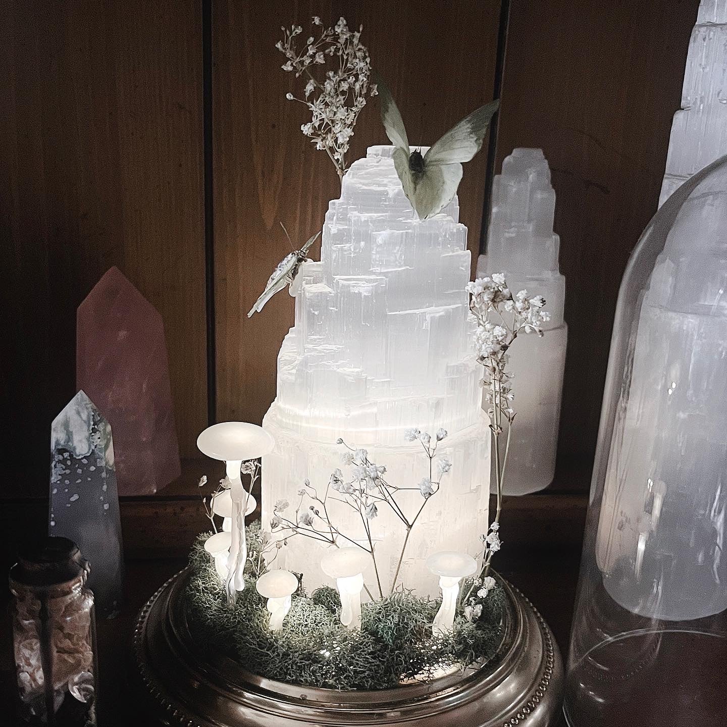 Selenite Night Light with Butterflies & Glow in the Dark Mushrooms