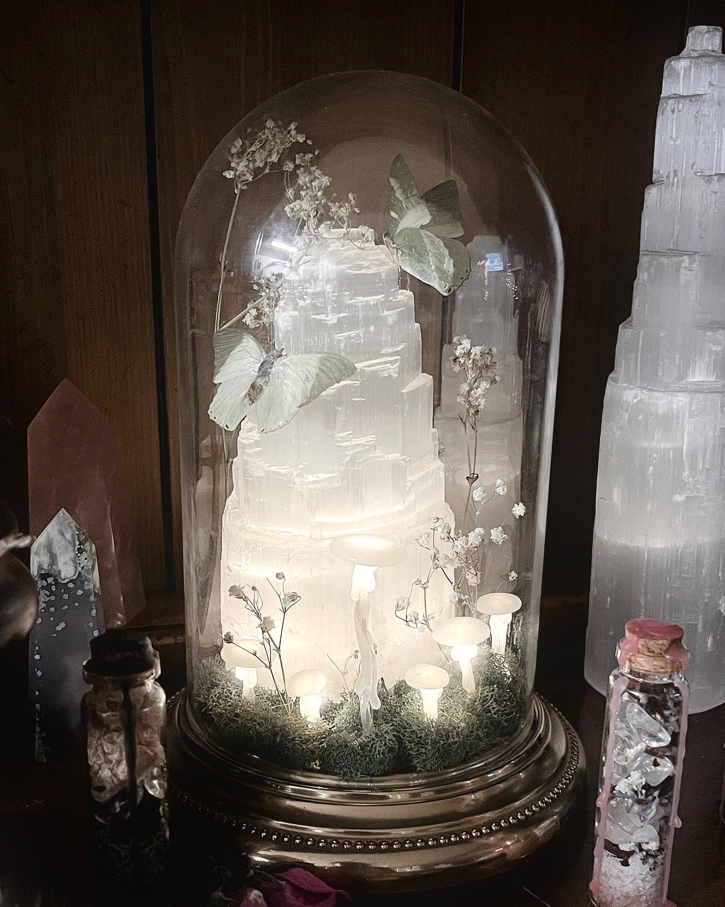 Selenite Night Light with Butterflies & Glow in the Dark Mushrooms