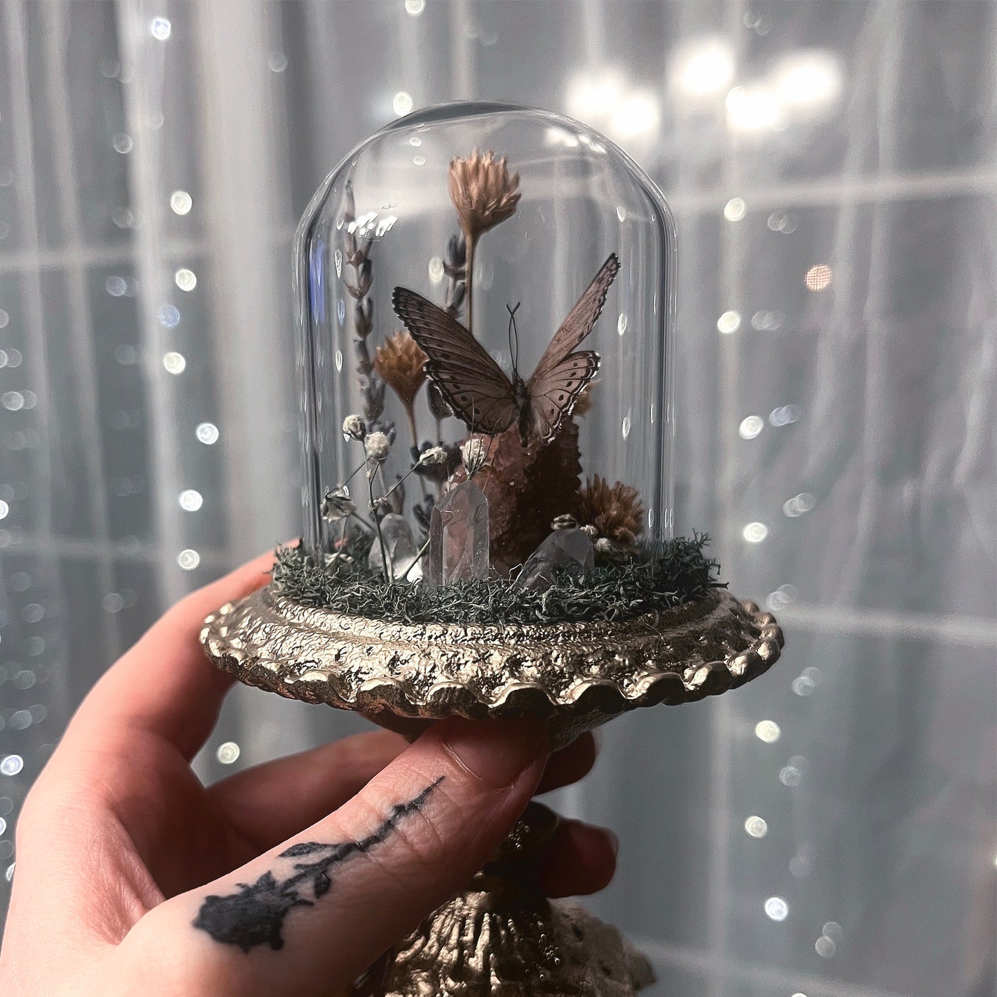 Fancy Glass Dome with Spotted Lilac Tree Nymph & Cactus Quartz