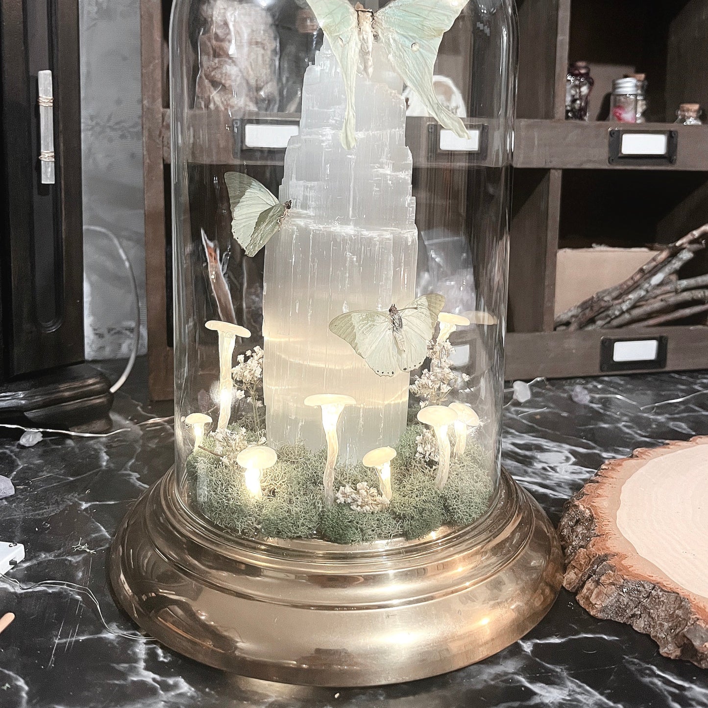 Selenite Night Light with Luna Moth & Friends