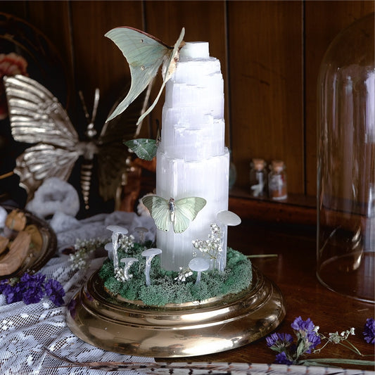 Selenite Night Light with Luna Moth & Friends