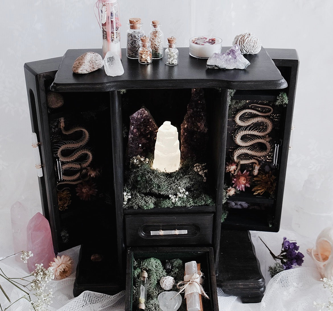 Curio Cabinet with Snake Skeletons & Light Up Crystal Display