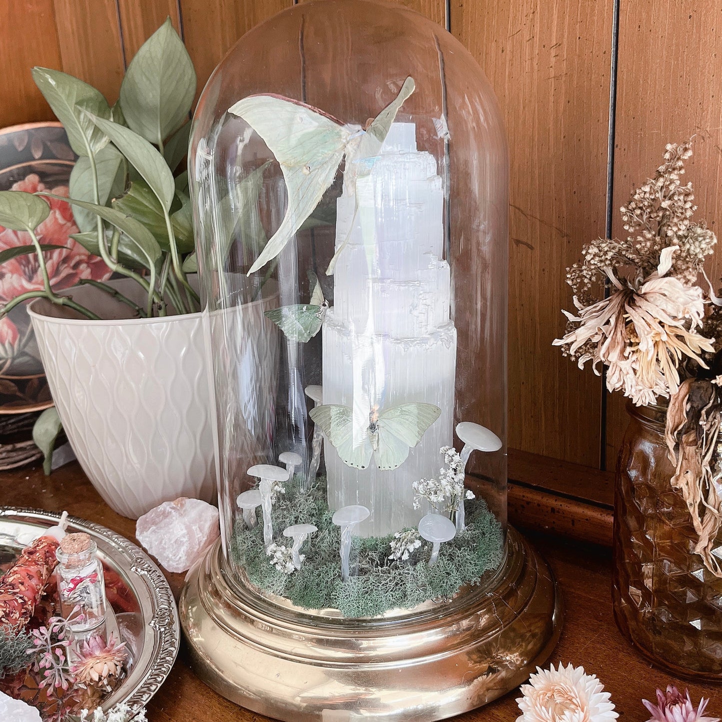 Selenite Night Light with Luna Moth & Friends