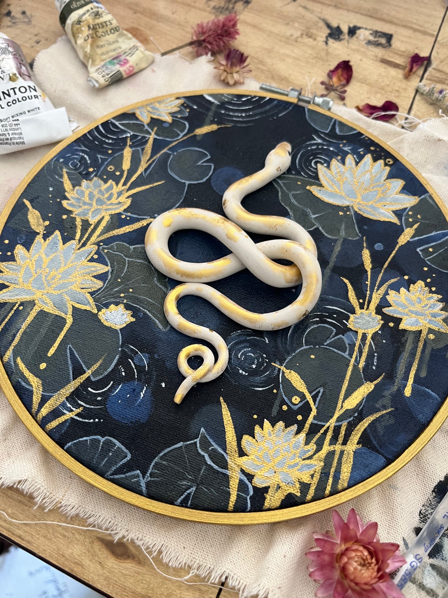 Mixed Media Embroidery Hoop Gold Lotus