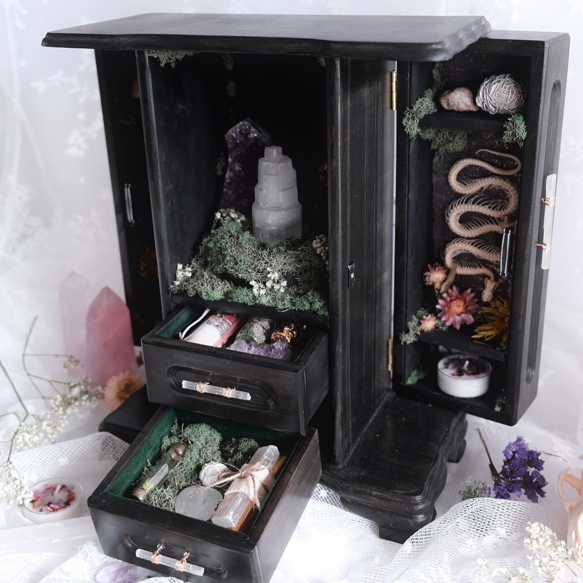 Curio Cabinet with Snake Skeletons & Light Up Crystal Display